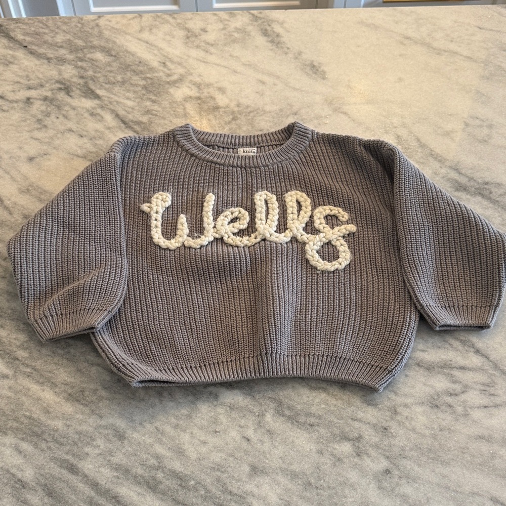 “Wells” Gray Knit Sweater with Cream Script Detail